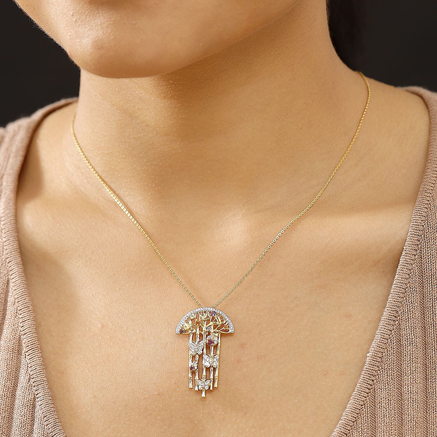GP Italian Garden Collection Rhodolite Garnet &amp; Multi Gemstones Pendant with Chain (Size - 20) in 18K Vermeil Yellow Gold Plated Sterling Silver 2.20 Ct, Silver Wt. 9.40 Gms. 4341263 2