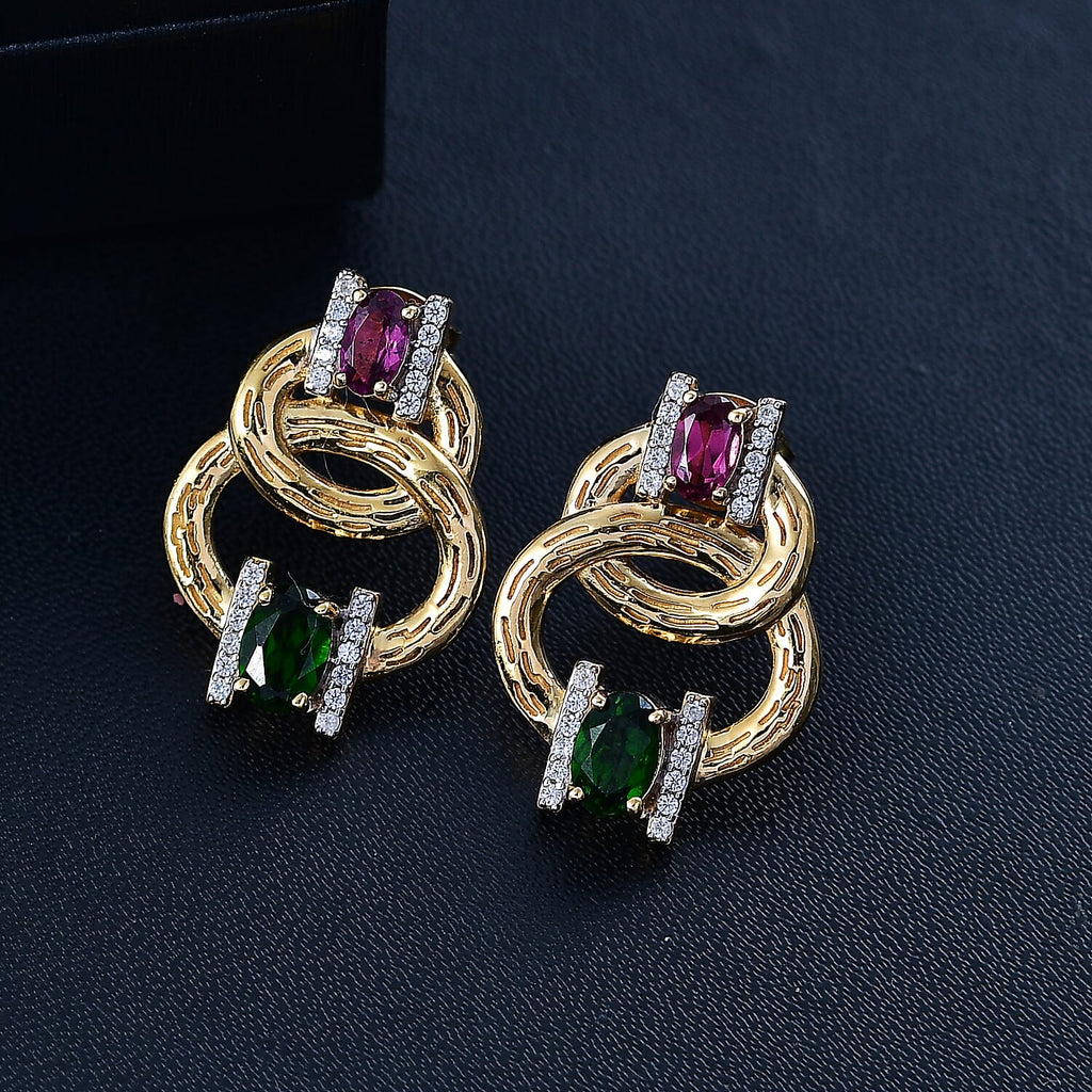 Rhodolite Garnet & Multi Gemstones Solitaire Stud Push Post Earring in 18K Vermeil Yellow Gold Plated Sterling Silver 2.09 Ct.