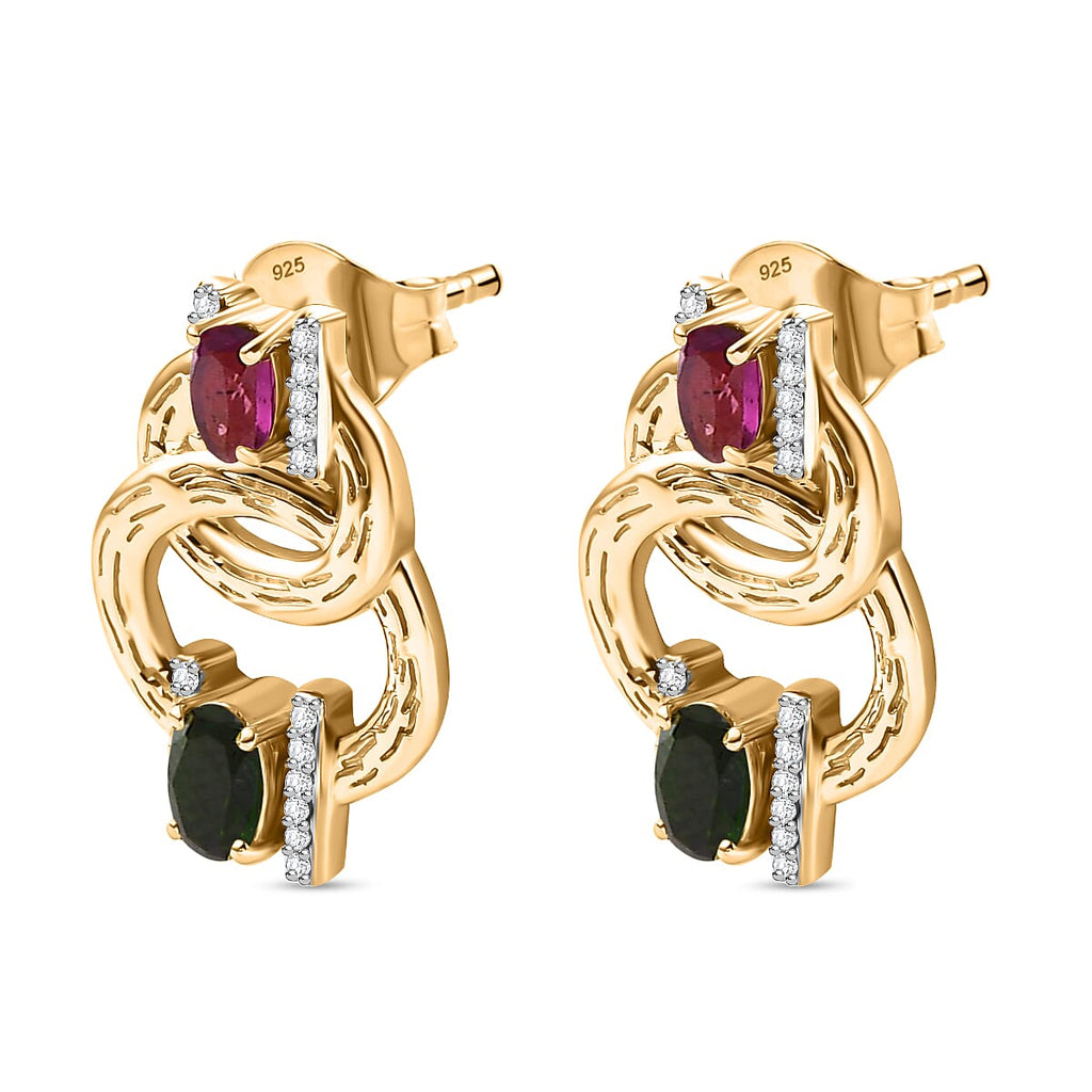 Rhodolite Garnet & Multi Gemstones Solitaire Stud Push Post Earring in 18K Vermeil Yellow Gold Plated Sterling Silver 2.09 Ct.