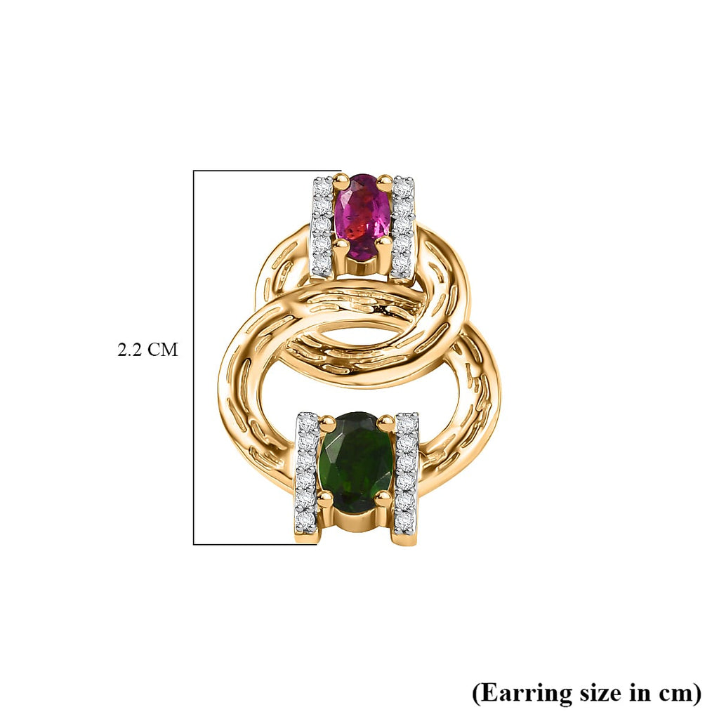 Rhodolite Garnet & Multi Gemstones Solitaire Stud Push Post Earring in 18K Vermeil Yellow Gold Plated Sterling Silver 2.09 Ct.