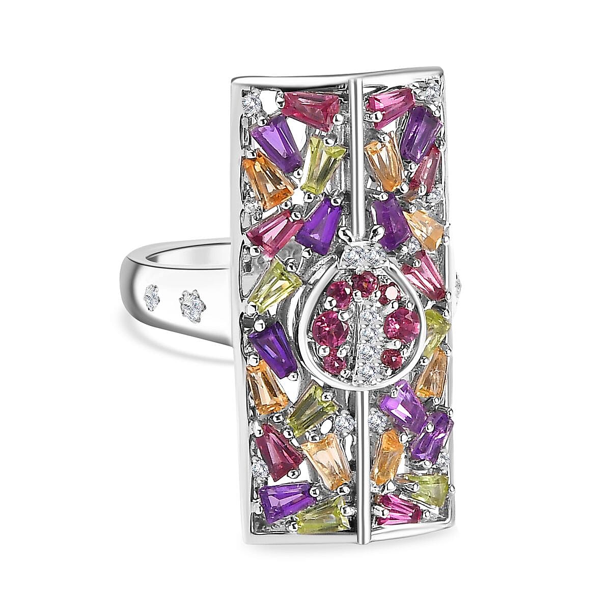 GP Italian Garden Collection - Multi Gemstone Cluster Ring in Rhodium Overlay Sterling Silver 7786853 0
