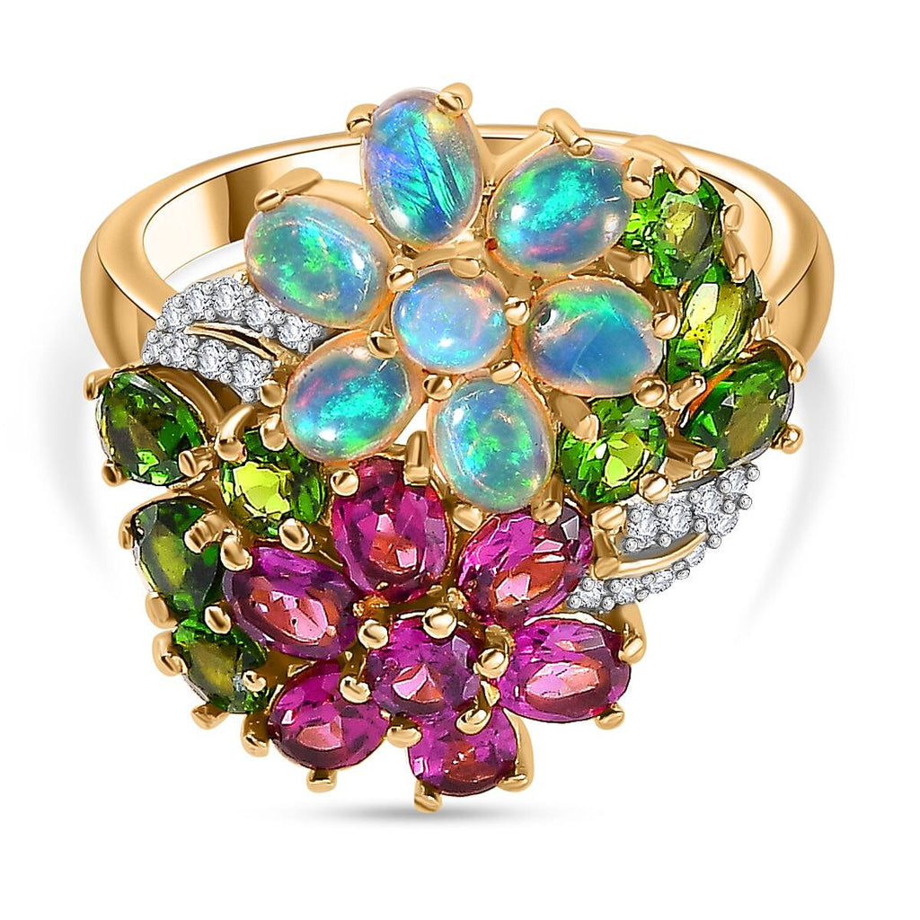 Ethiopian Welo Opal, Rhodolite Garnet, Chrome Diopside & Zircon Floral Ring in 18K Vermeil Yellow Gold Plated Sterling Silver 3.50 Ct