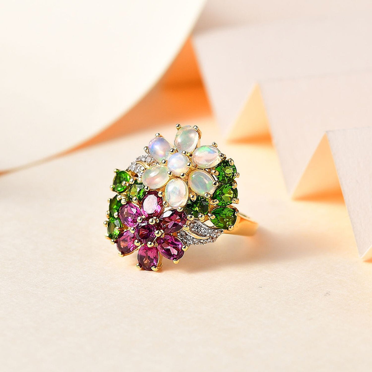 Rhodolite Garnet, Natural Chrome Diopside, White Zircon, Ethiopian Opal Cluster Ring in 18K Vermeil YG Plated Sterling Silver, Silver Wt. 5.5 Gms 3.509 Ct. 7769978 1