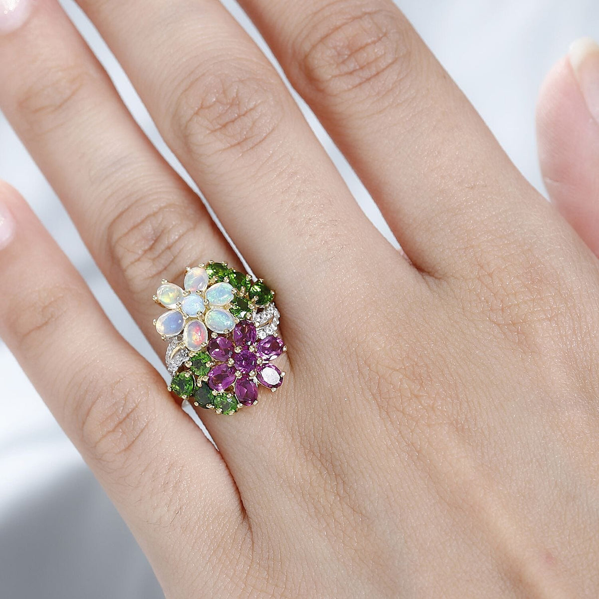 Rhodolite Garnet, Natural Chrome Diopside, White Zircon, Ethiopian Opal Cluster Ring in 18K Vermeil YG Plated Sterling Silver, Silver Wt. 5.5 Gms 3.509 Ct. 7769978 2