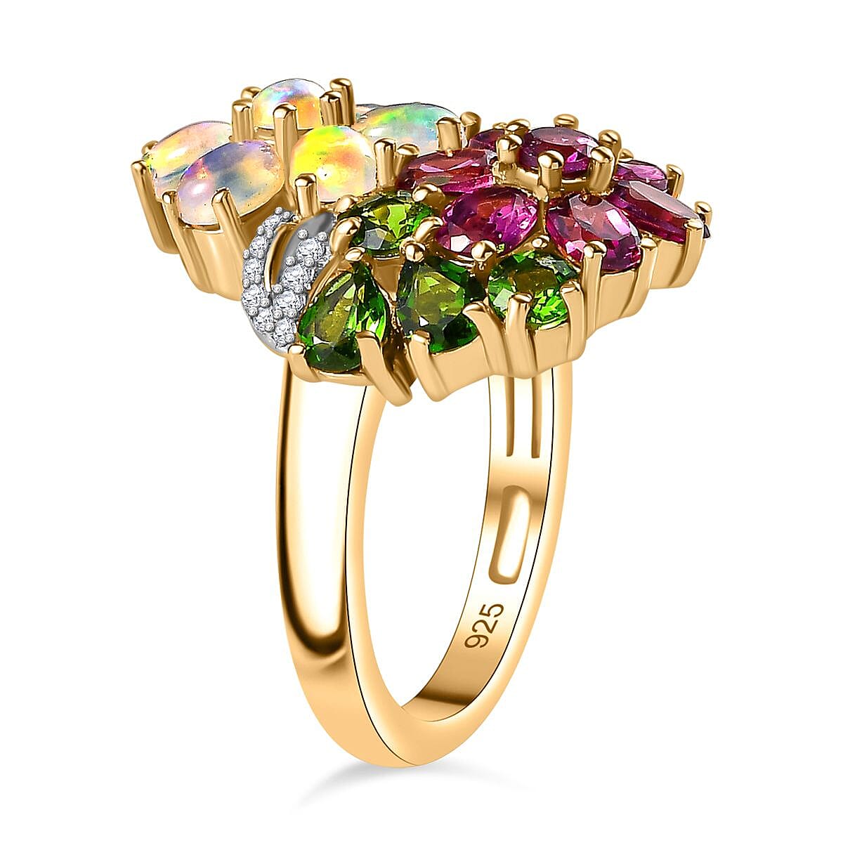 Rhodolite Garnet, Natural Chrome Diopside, White Zircon, Ethiopian Opal Cluster Ring in 18K Vermeil YG Plated Sterling Silver, Silver Wt. 5.5 Gms 3.509 Ct. 7769978 3
