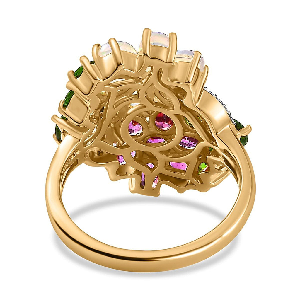 Ethiopian Welo Opal, Rhodolite Garnet, Chrome Diopside & Zircon Floral Ring in 18K Vermeil Yellow Gold Plated Sterling Silver 3.50 Ct