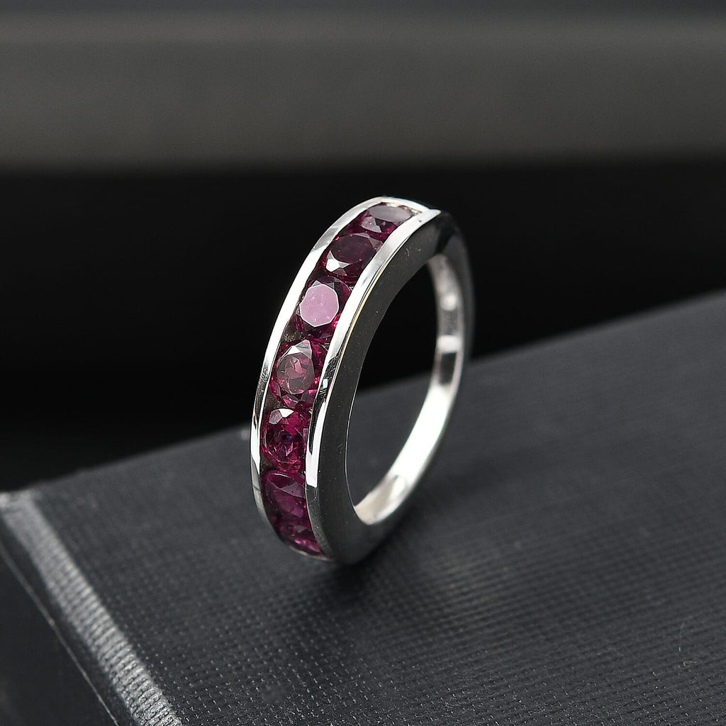 Orissa Natural Rhodolite Garnet Band Ring in Rhodium Overlay Sterling Silver 2.34 Ct.