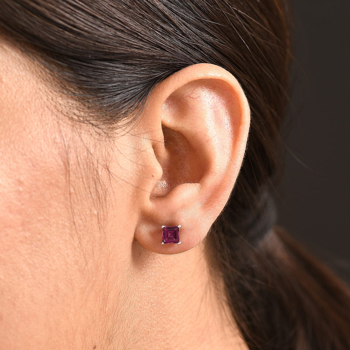 Rhodolite Garnet Solitaire Stud Push Post Earring in Platinum Overlay Sterling Silver 1.56 Ct. V32514758 2