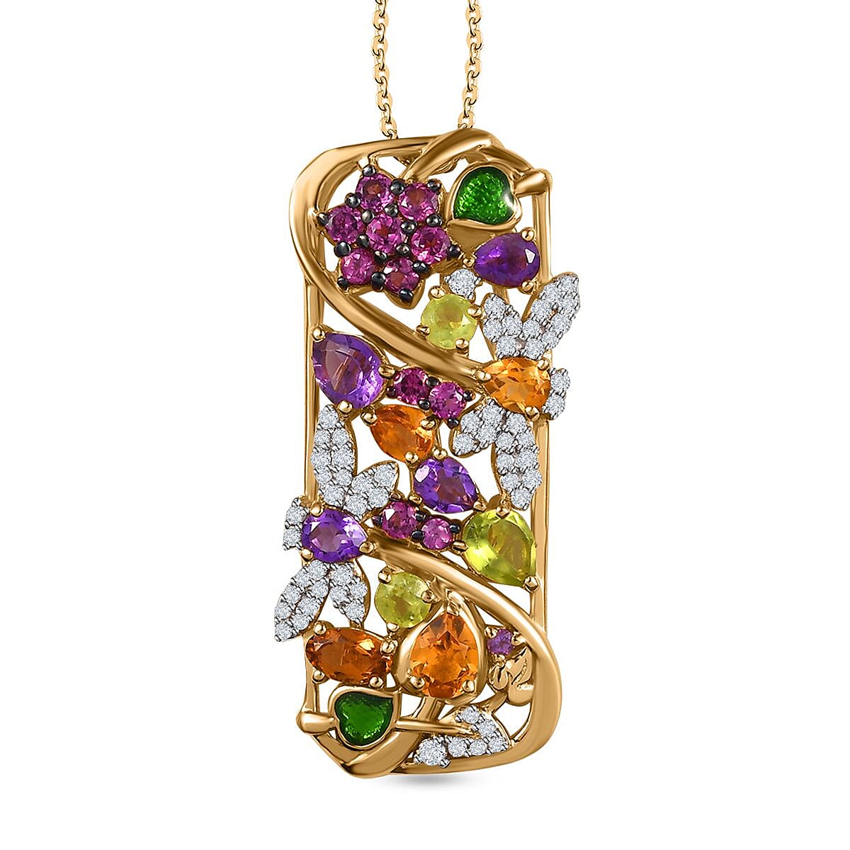 GP Italian Garden Collection - Rhodolite Garnet &amp; Multi Gemstone Pendant with Chain (Size 20) in Platinum &amp; 18K Gold Vermeil Plated Sterling Silver 4.05 Ct 4255564 0