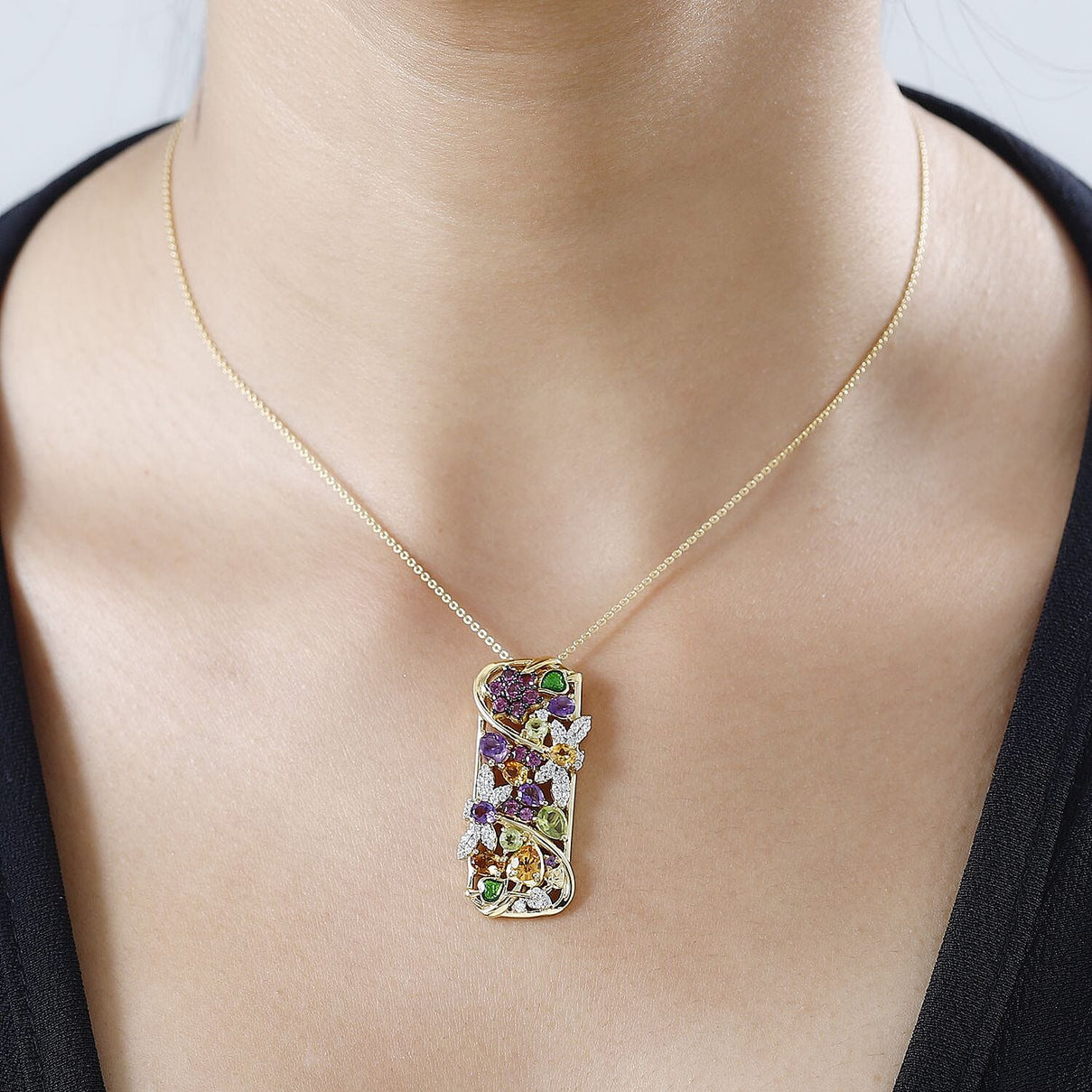 GP Italian Garden Collection - Rhodolite Garnet &amp; Multi Gemstone Pendant with Chain (Size 20) in Platinum &amp; 18K Gold Vermeil Plated Sterling Silver 4.05 Ct 4255564 1