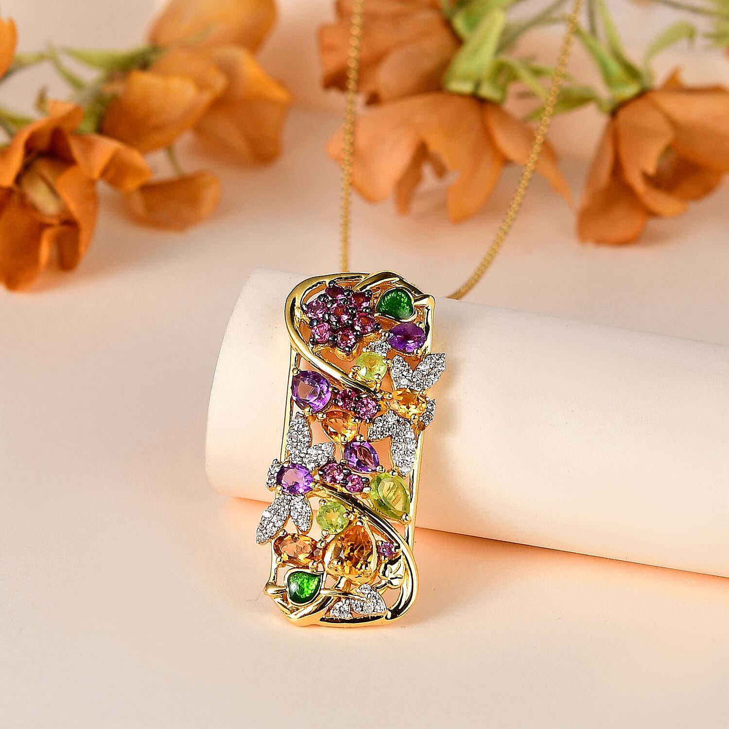 GP Italian Garden Collection - Rhodolite Garnet &amp; Multi Gemstone Pendant with Chain (Size 20) in Platinum &amp; 18K Gold Vermeil Plated Sterling Silver 4.05 Ct 4255564 2