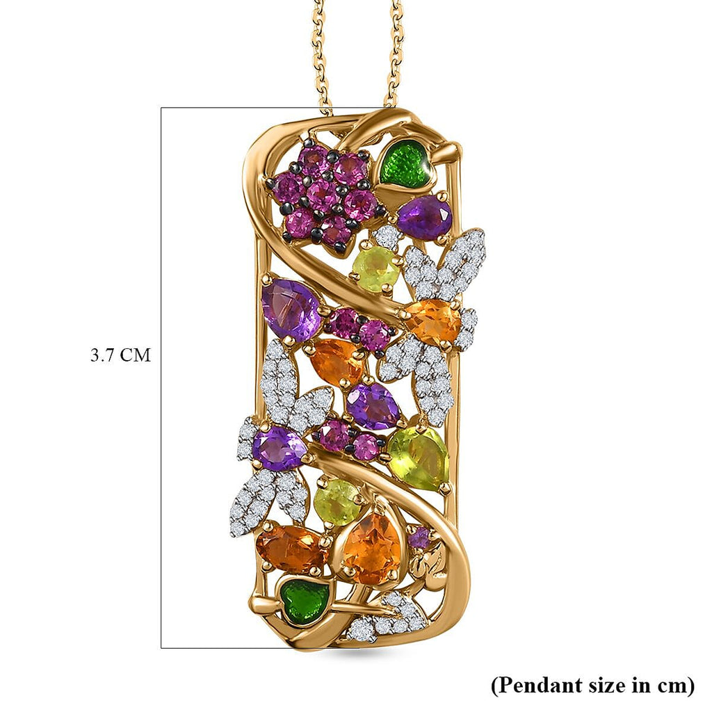 GP Italian Garden Collection - Rhodolite Garnet & Multi Gemstone Pendant with Chain (Size 20) in Platinum & 18K Gold Vermeil Plated Sterling Silver 4.05 Ct