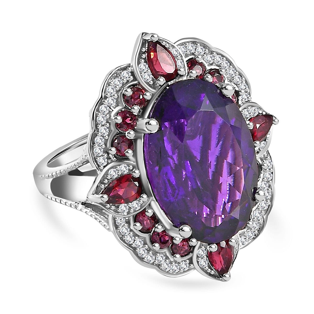 Amethyst, Rhodolite Garnet &amp; Natural Zircon Cocktail Ring in Platinum Overlay Sterling Silver 14.47 Ct. 7712274 0
