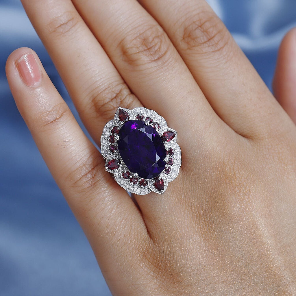 Amethyst, Rhodolite Garnet & Natural Zircon Ring in Platinum Overlay Sterling Silver 14.46 Ct.