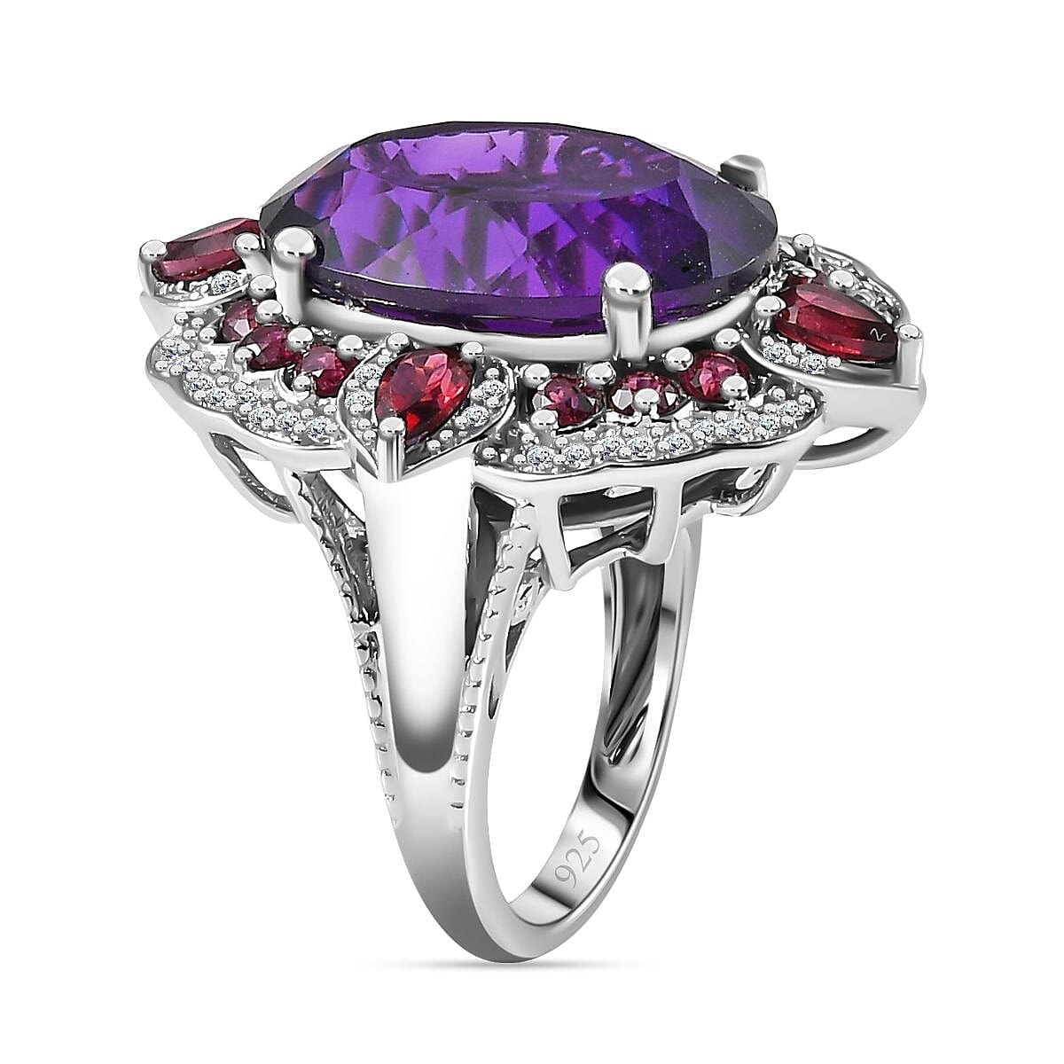 Amethyst, Rhodolite Garnet &amp; Natural Zircon Cocktail Ring in Platinum Overlay Sterling Silver 14.47 Ct. 7712274 3