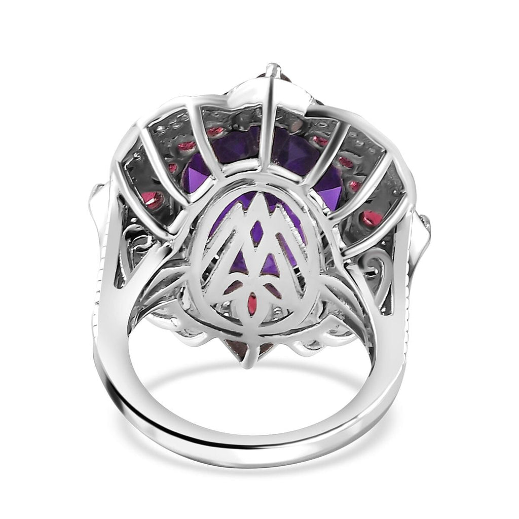 Amethyst, Rhodolite Garnet & Natural Zircon Ring in Platinum Overlay Sterling Silver 14.46 Ct.