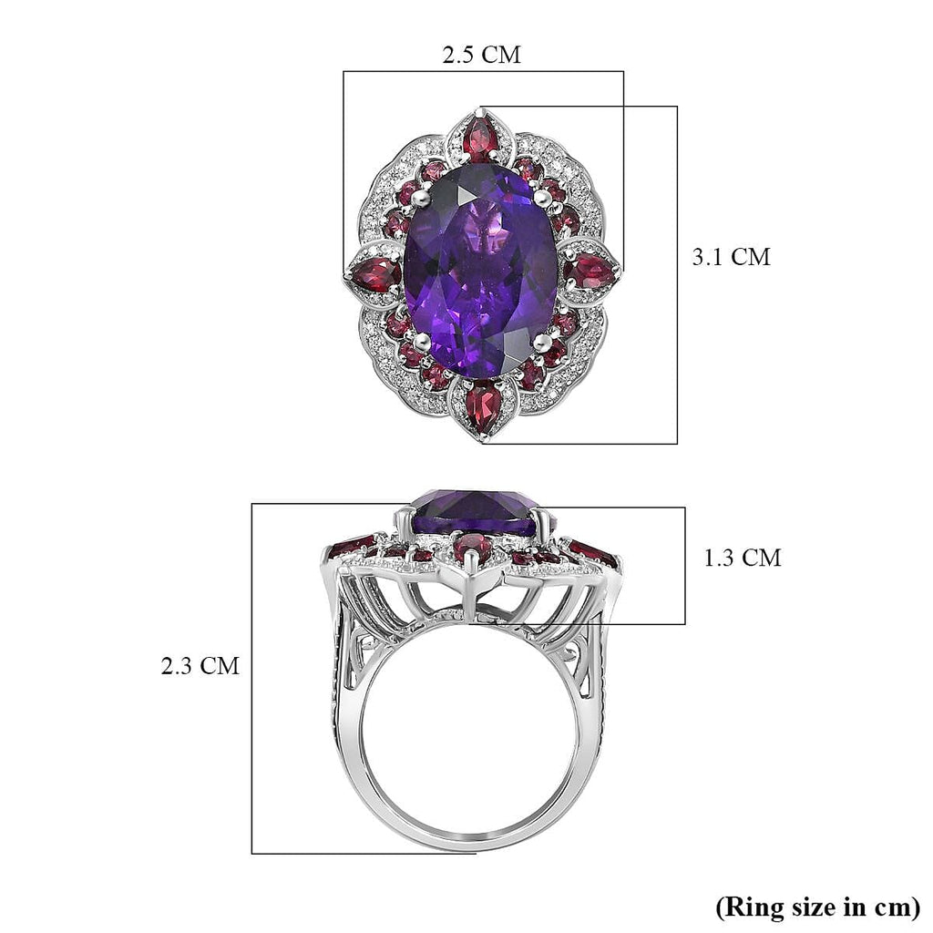 Amethyst, Rhodolite Garnet & Natural Zircon Ring in Platinum Overlay Sterling Silver 14.46 Ct.