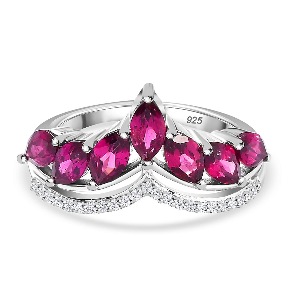 Rhodolite Garnet &amp; Natural Zircon Wishbone Ring in Platinum Overlay Sterling Silver 2.54 Ct 7686637 0