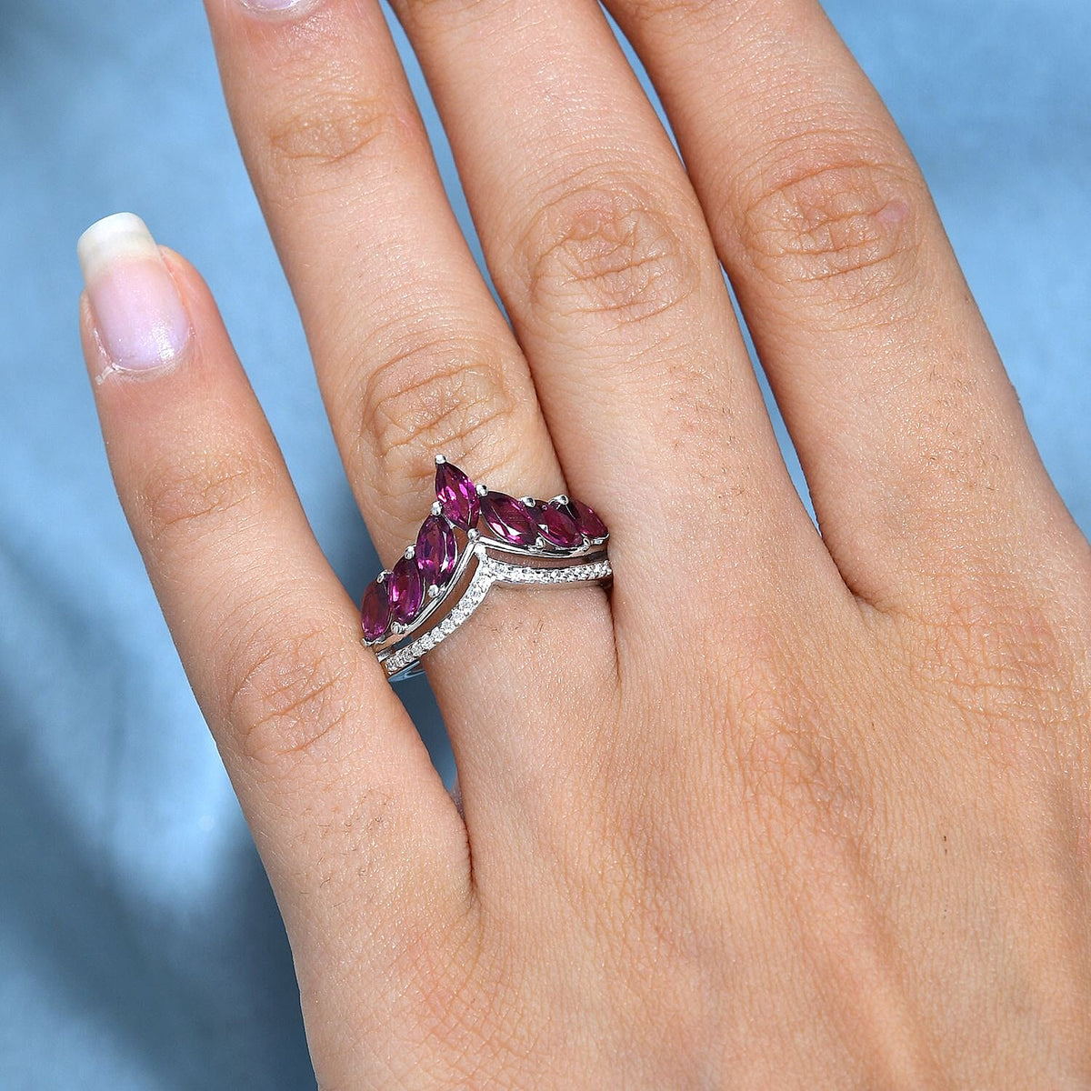 Rhodolite Garnet &amp; Natural Zircon Wishbone Ring in Platinum Overlay Sterling Silver 2.54 Ct 7686637 2