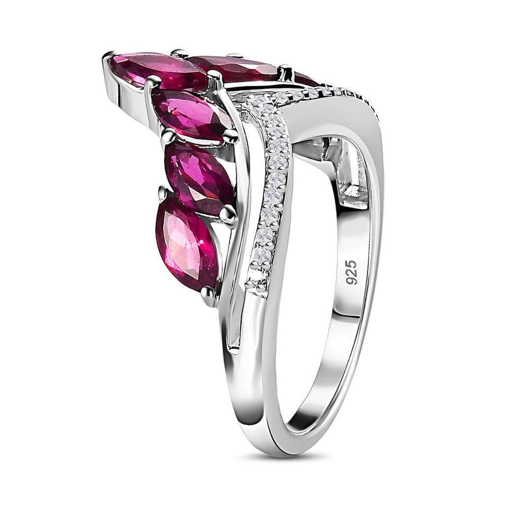 Rhodolite Garnet & Natural Zircon Wishbone Ring in Platinum Overlay Sterling Silver 2.54 Ct