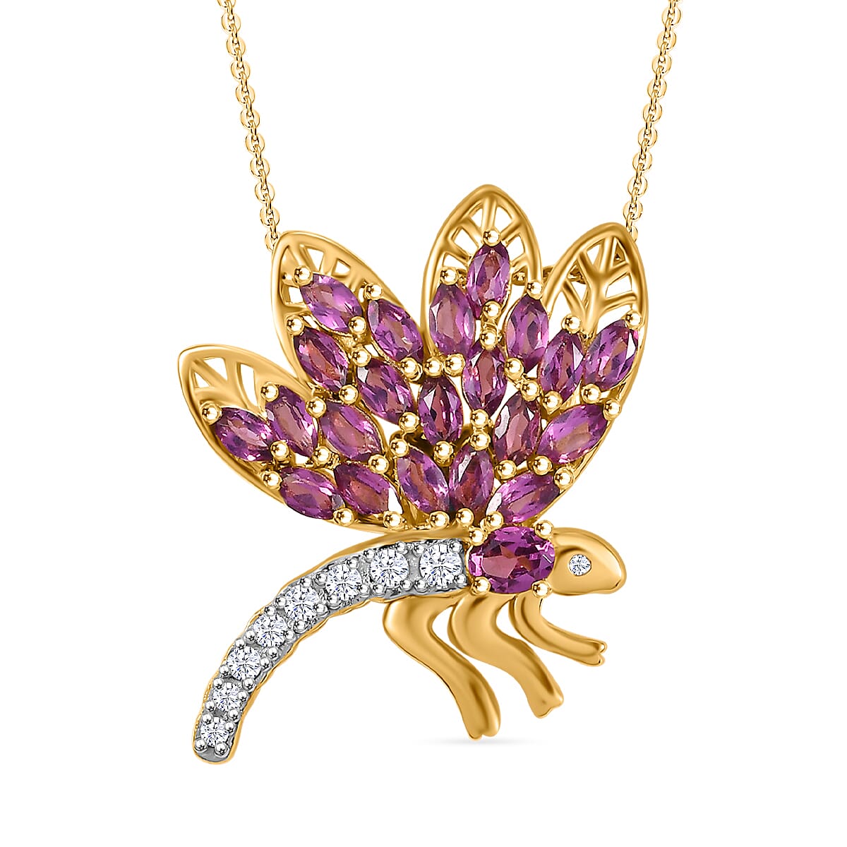 GP Italian Garden Collection - Rhodolite Garnet, White Zircon Dragonfly Pendant with Chain (Size 20) in 18K Yellow Gold Vermeil Sterling Silver 4313693 0