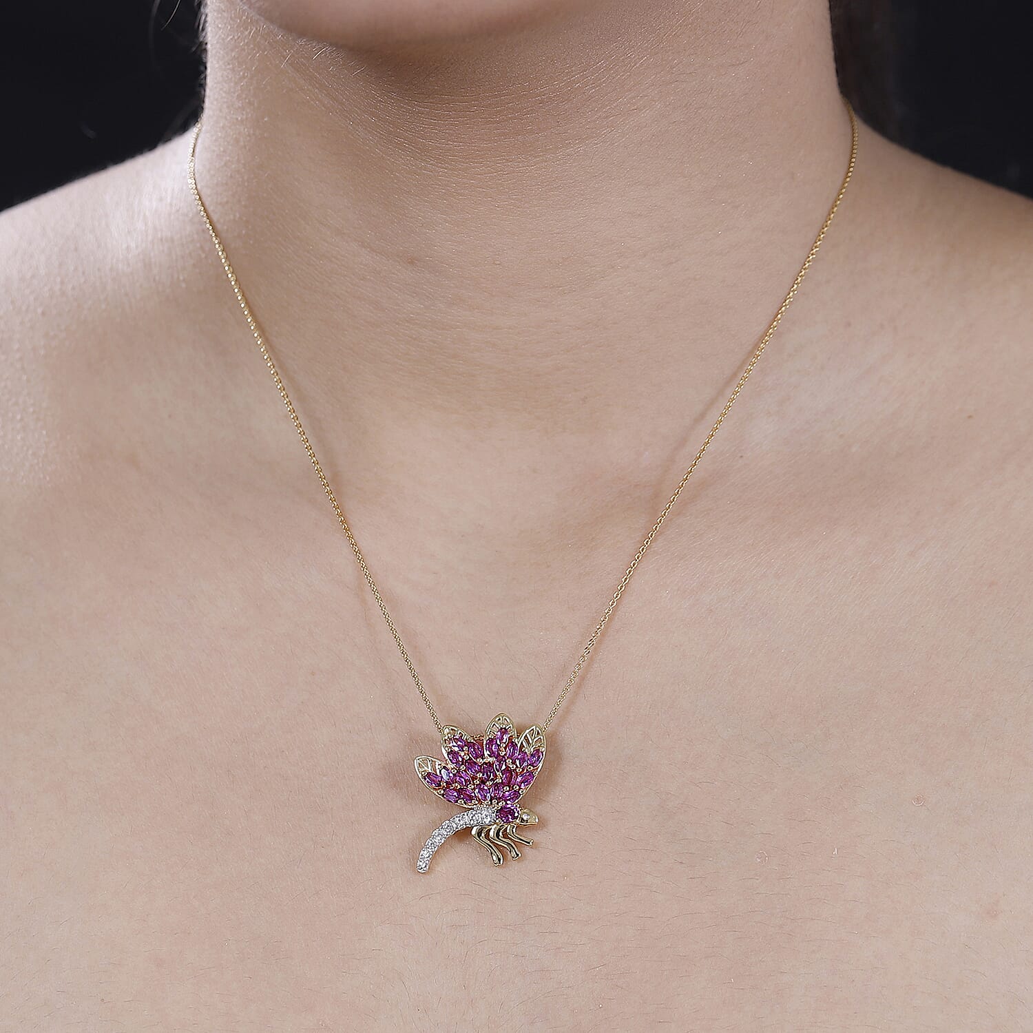 GP Italian Garden Collection - Rhodolite Garnet, White Zircon Dragonfly Pendant with Chain (Size 20) in 18K Yellow Gold Vermeil Sterling Silver 4313693 2