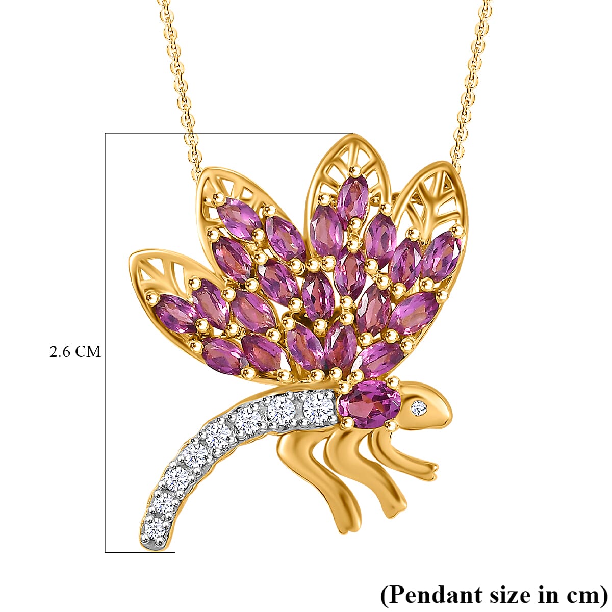 GP Italian Garden Collection - Rhodolite Garnet, White Zircon Dragonfly Pendant with Chain (Size 20) in 18K Yellow Gold Vermeil Sterling Silver 4313693 6