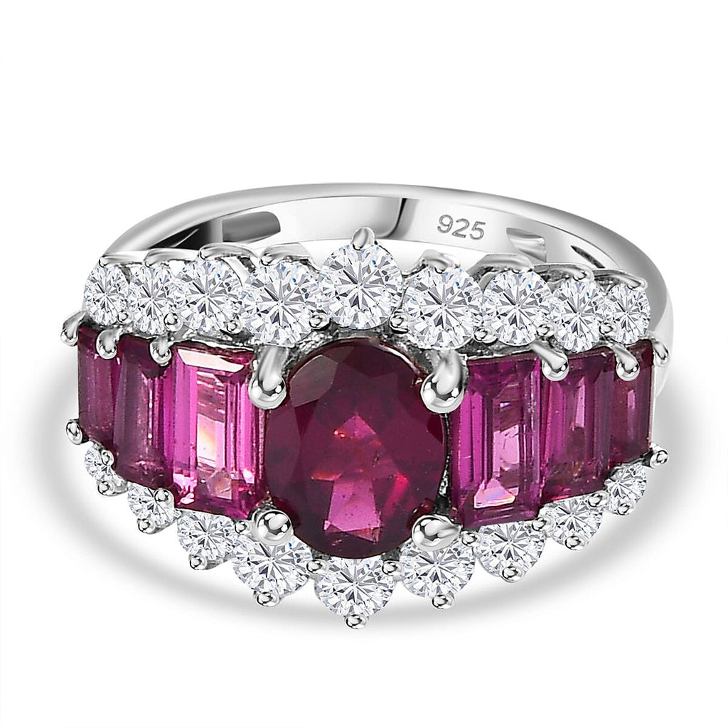 Rhodolite Garnet & Natural Zircon Cluster Ring in Platinum Overlay Sterling Silver 5.05 Ct.