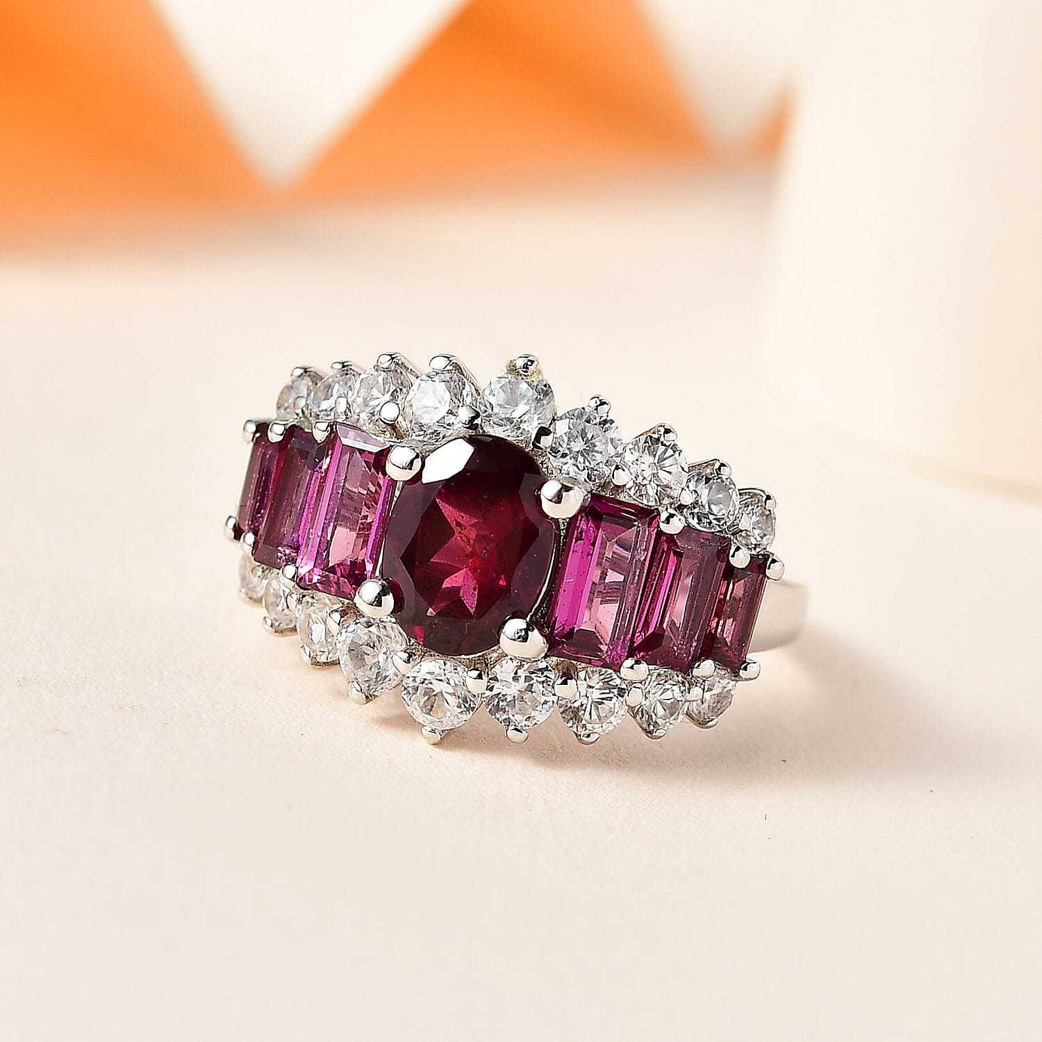 Rhodolite Garnet &amp; Natural Zircon Cluster Ring in Platinum Overlay Sterling Silver 5.05 Ct. 7686693 1