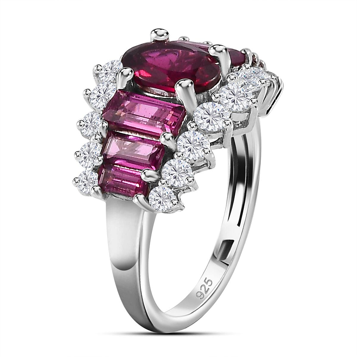 Rhodolite Garnet &amp; Natural Zircon Cluster Ring in Platinum Overlay Sterling Silver 5.05 Ct. 7686693 3
