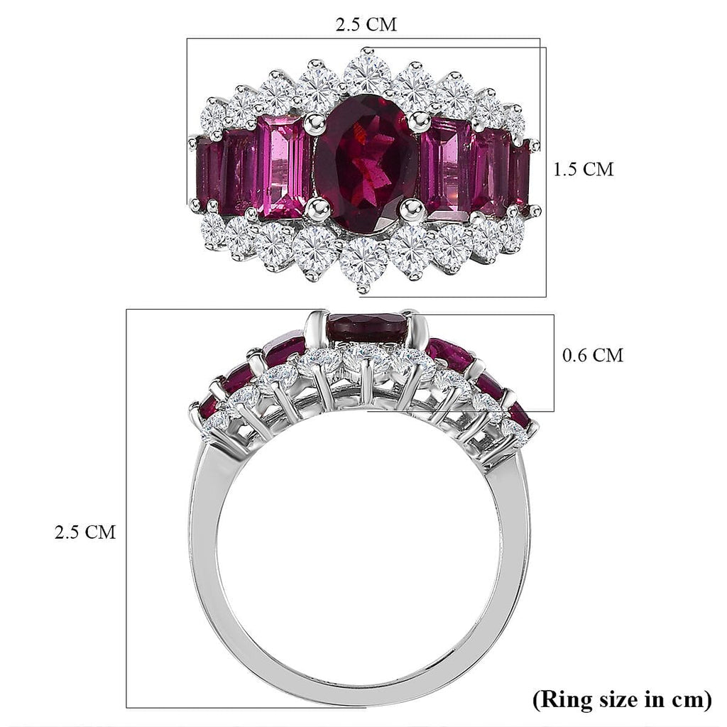 Rhodolite Garnet & Natural Zircon Cluster Ring in Platinum Overlay Sterling Silver 5.05 Ct.