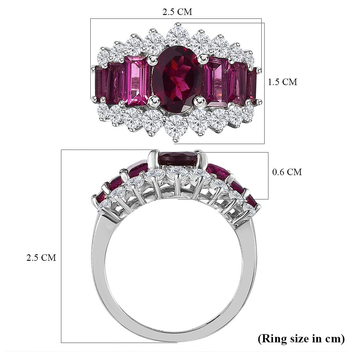 Rhodolite Garnet &amp; Natural Zircon Cluster Ring in Platinum Overlay Sterling Silver 5.05 Ct. 7686693 5