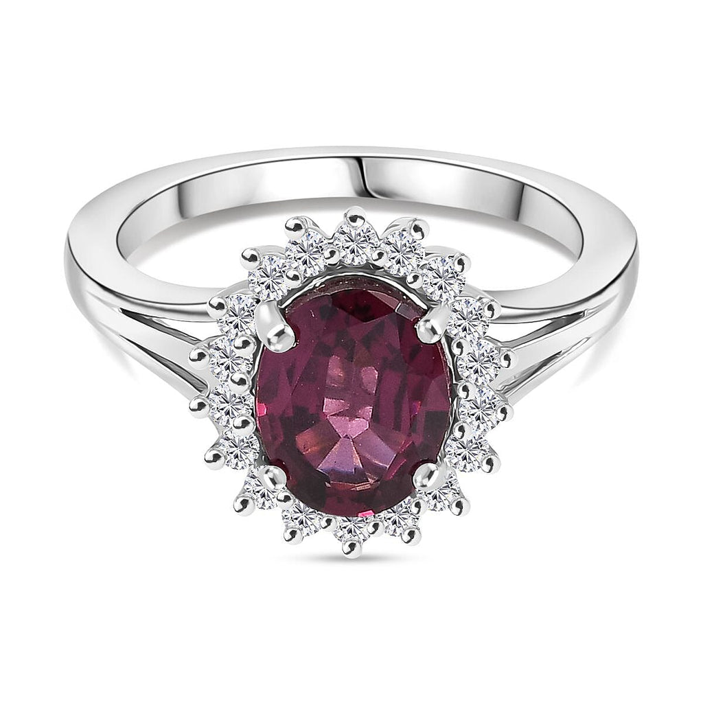 D'Joy Rhodolite Garnet & White Zircon Halo Ring in Platinum Overlay Sterling Silver 2.73 Ct.