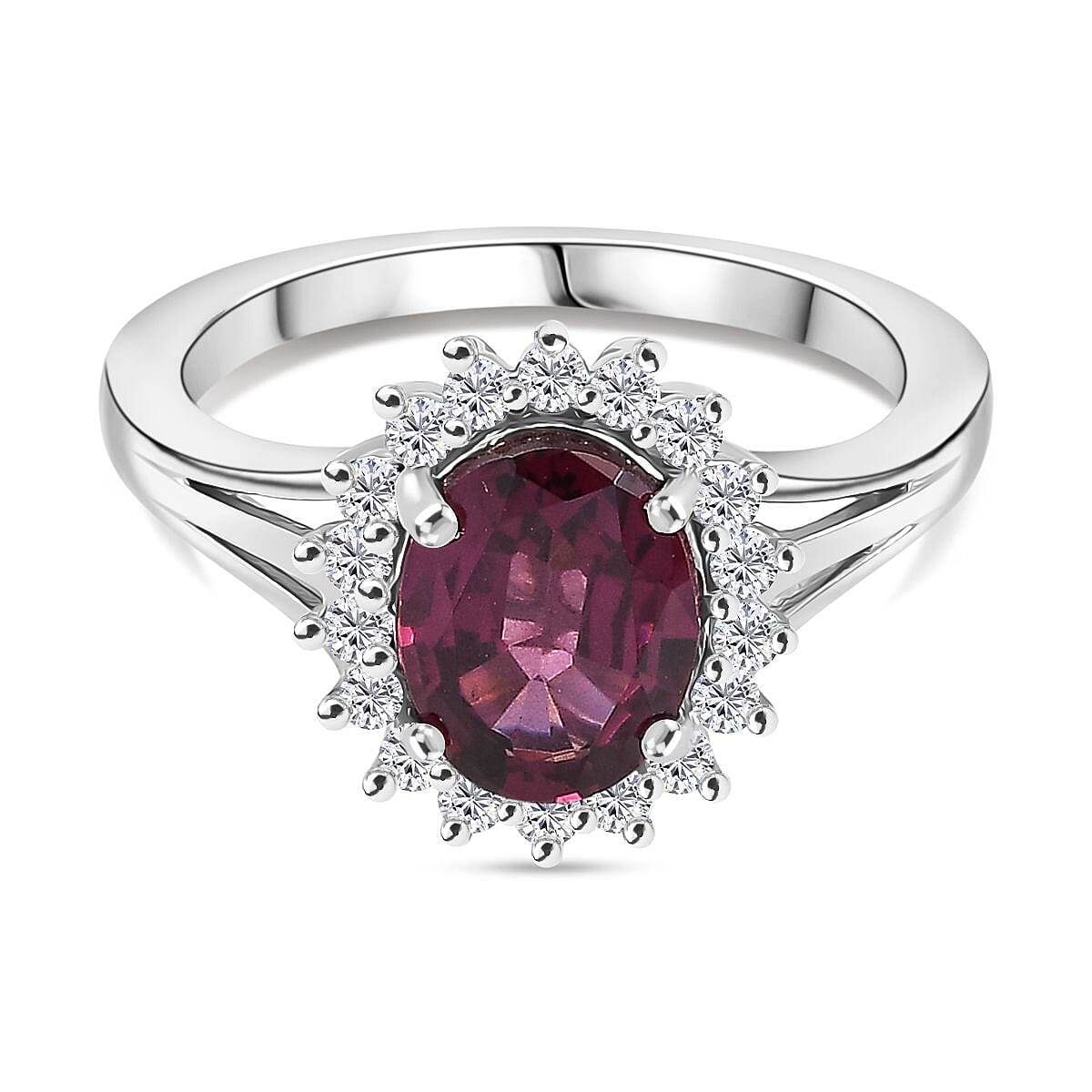 Djoy Rhodolite Garnet, White Zircon Halo Ring in Platinum Overlay Sterling Silver 2.73 Ct. 8211491 0