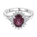 D'Joy Rhodolite Garnet & White Zircon Halo Ring in Platinum Overlay Sterling Silver 2.73 Ct.