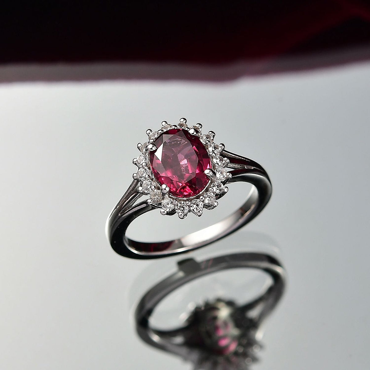 Djoy Rhodolite Garnet, White Zircon Halo Ring in Platinum Overlay Sterling Silver 2.73 Ct. 8211491 2