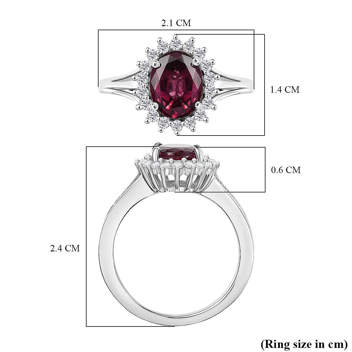 Djoy Rhodolite Garnet, White Zircon Halo Ring in Platinum Overlay Sterling Silver 2.73 Ct. 8211491 6