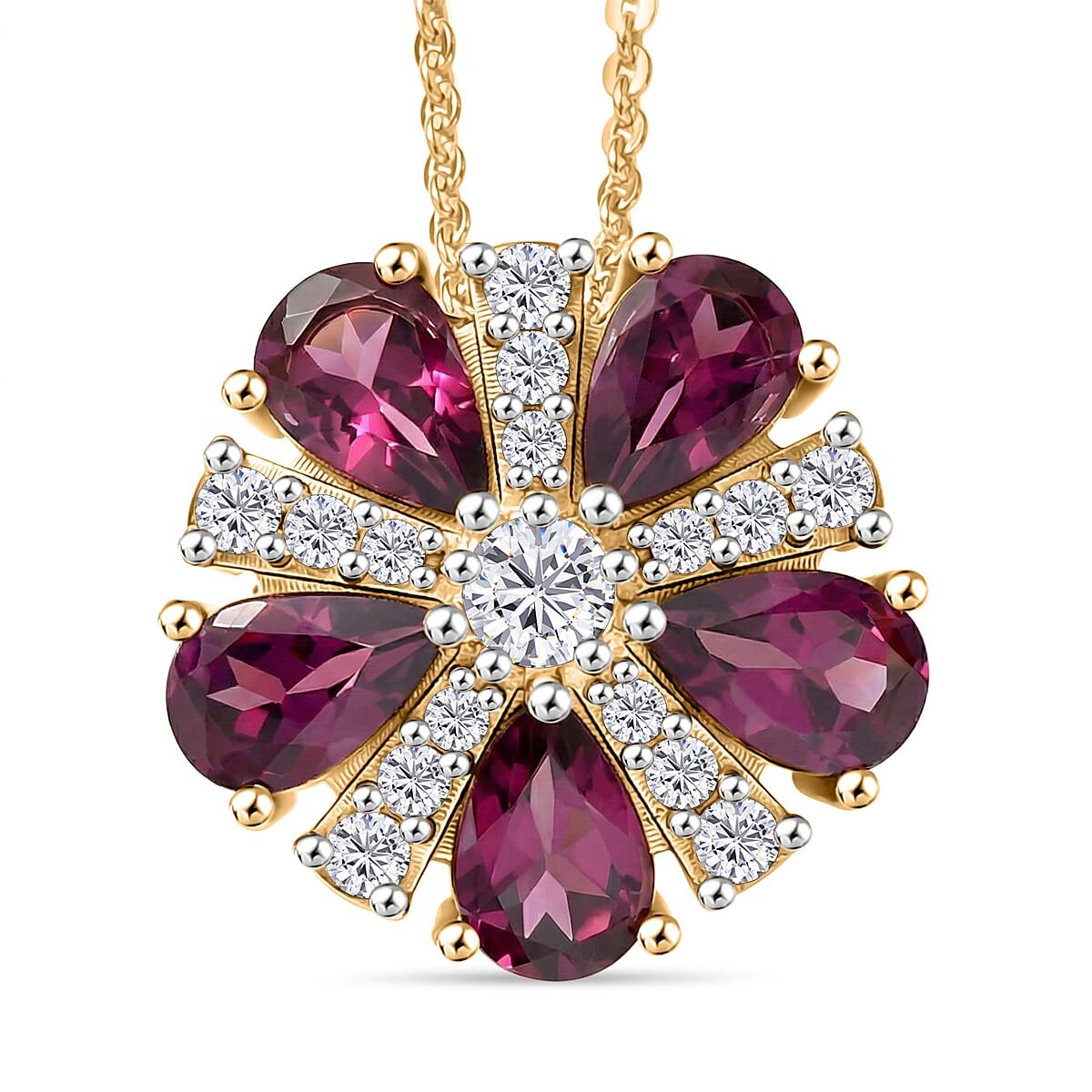 D'Joy Orissa Natural Rhodolite Garnet &amp; White Zircon Pendant with Chain (Size 20) in Yellow Gold Plated Sterling Silver 3.15 Ct. 4446489 0