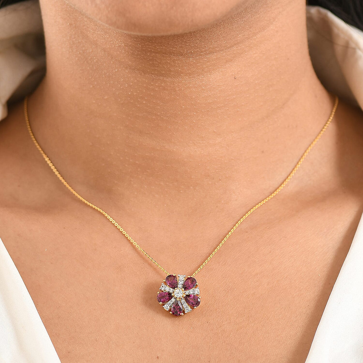 D'Joy Orissa Natural Rhodolite Garnet &amp; White Zircon Pendant with Chain (Size 20) in Yellow Gold Plated Sterling Silver 3.15 Ct. 4446489 3
