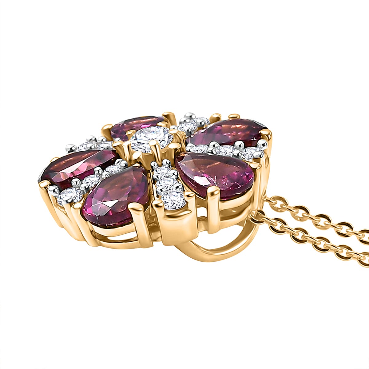 D'Joy Orissa Natural Rhodolite Garnet &amp; White Zircon Pendant with Chain (Size 20) in Yellow Gold Plated Sterling Silver 3.15 Ct. 4446489 4
