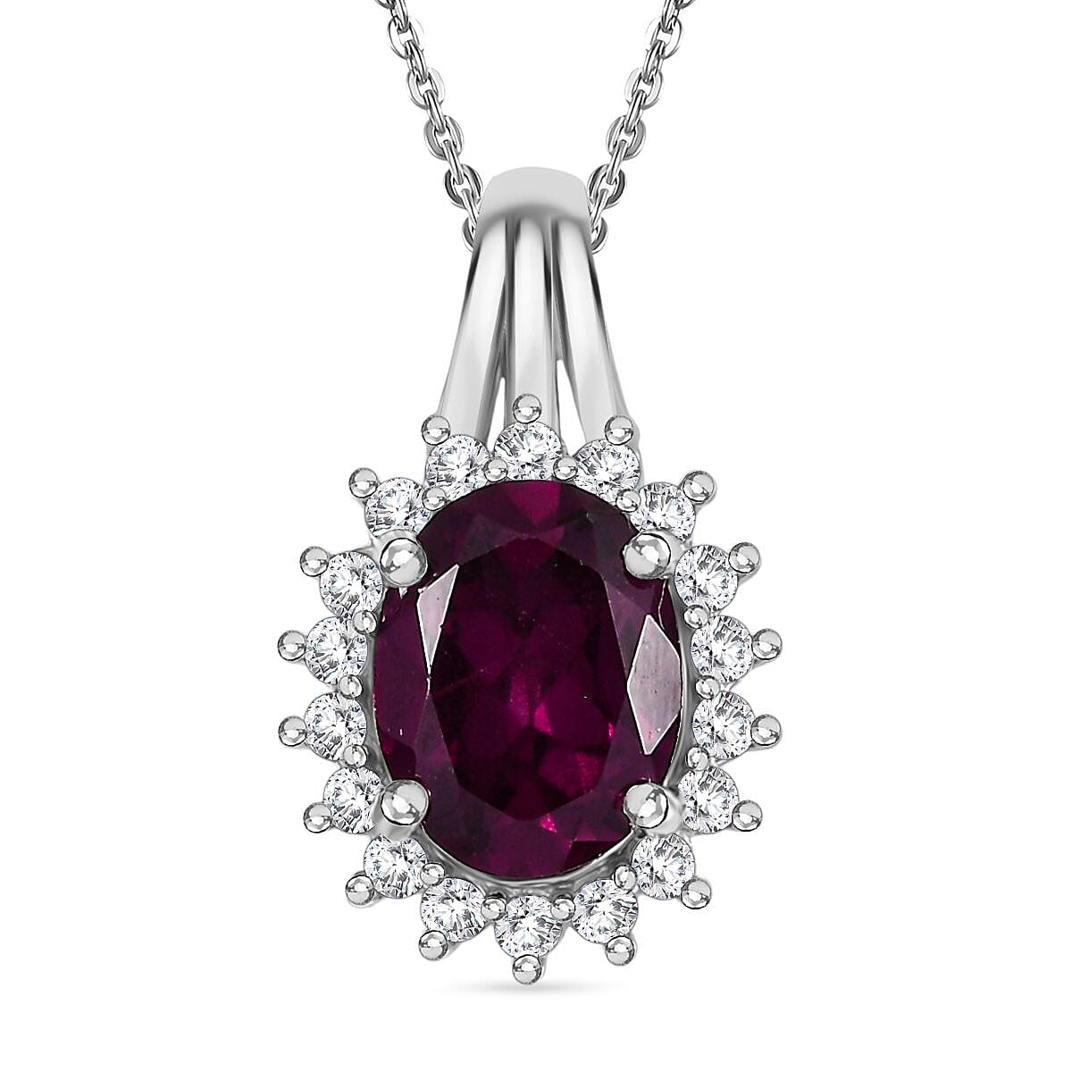 D'Joy Orissa Rhodolite Garnet, White Zircon Halo Pendant with Chain (Size 20) in Platinum Overlay Sterling Silver 2.46 Ct. 4404925 0