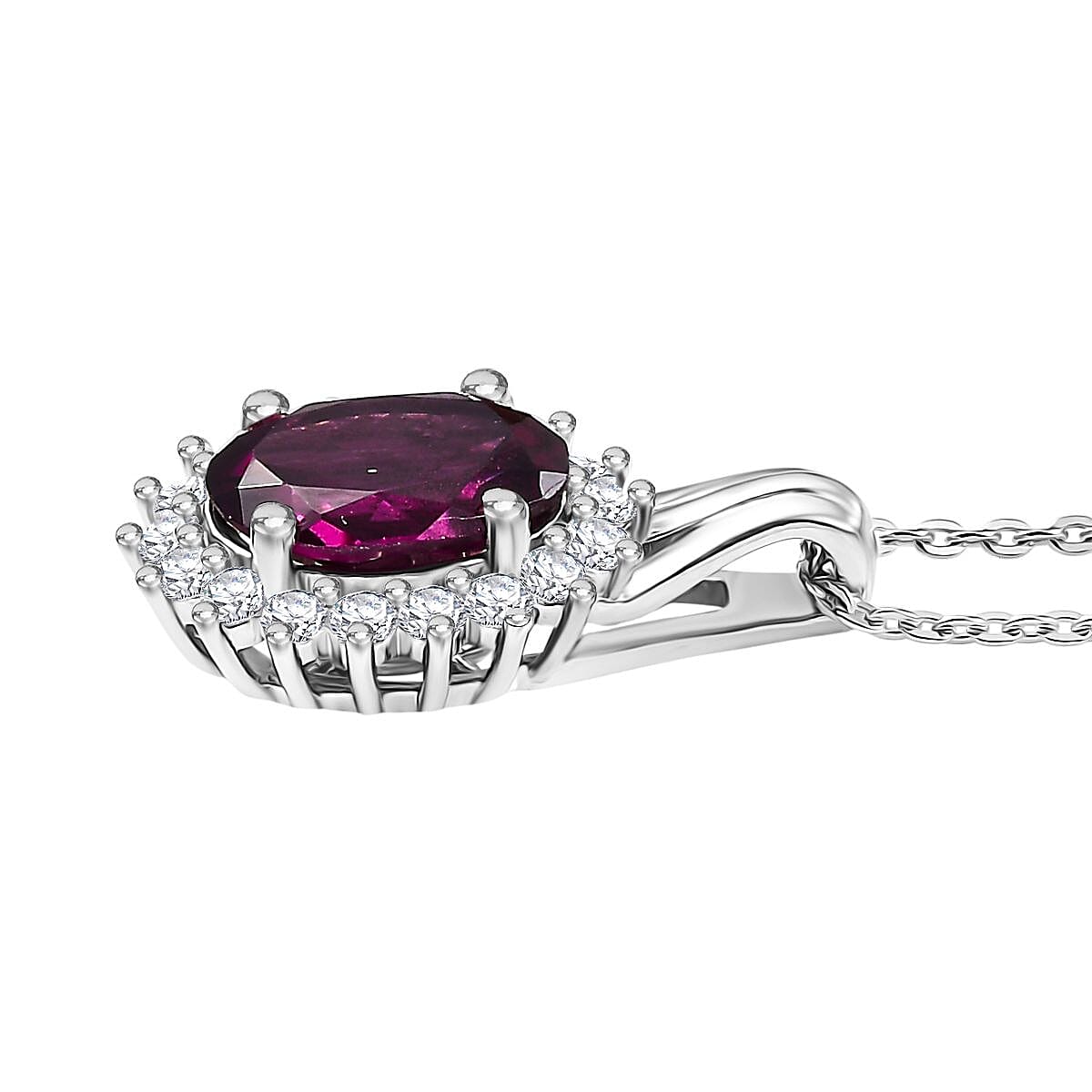 D'Joy Orissa Rhodolite Garnet, White Zircon Halo Pendant with Chain (Size 20) in Platinum Overlay Sterling Silver 2.46 Ct. 4404925 4