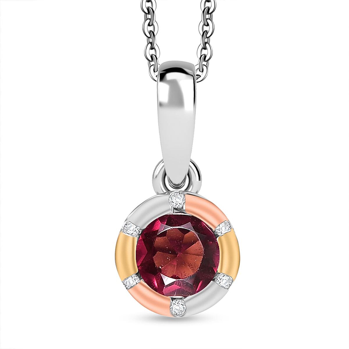 D'Joy Orissa Rhodolite Garnet, White Zircon Solitaire Pendant with Chain (Size 20) in Tri Colour Plated Sterling Silver 4405555 0