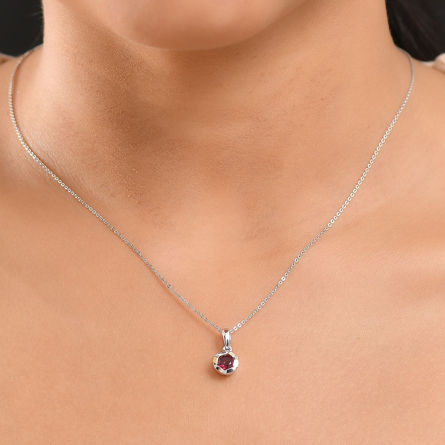 D'Joy Orissa Rhodolite Garnet, White Zircon Solitaire Pendant with Chain (Size 20) in Tri Colour Plated Sterling Silver 4405555 2
