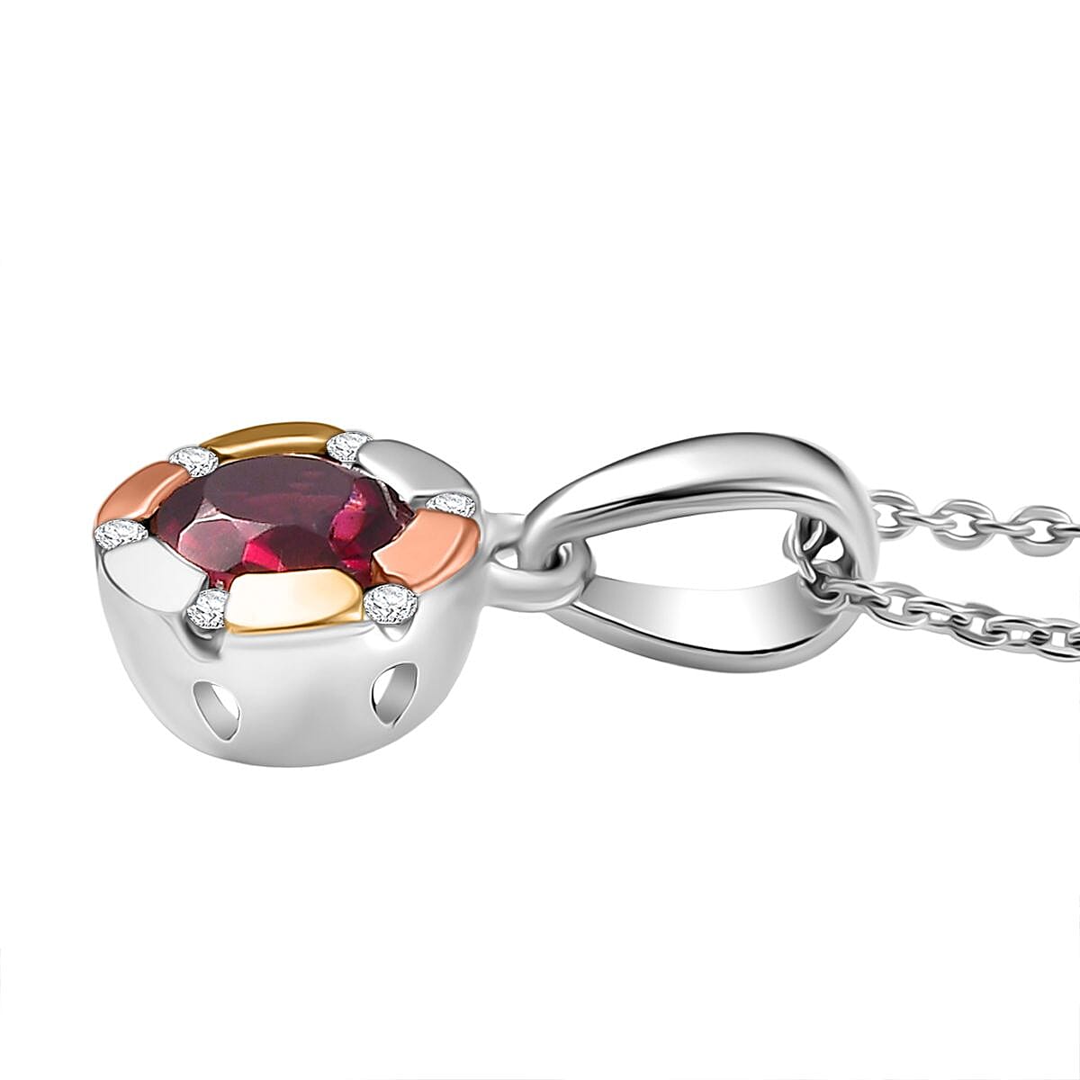 D'Joy Orissa Rhodolite Garnet, White Zircon Solitaire Pendant with Chain (Size 20) in Tri Colour Plated Sterling Silver 4405555 4