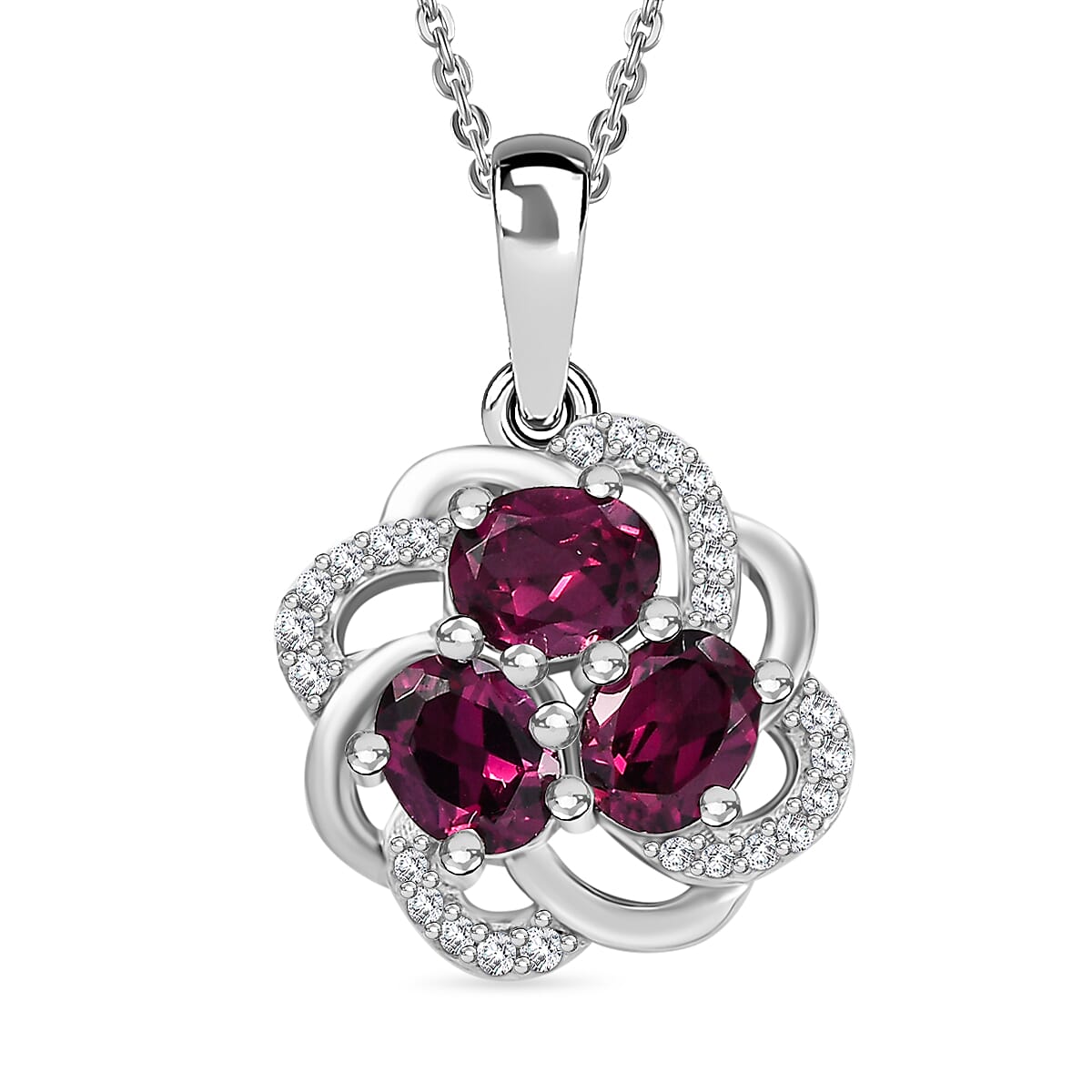 Orissa Natural Rhodolite Garnet &amp; White Zircon Pendant with Chain (Size - 20) in Rhodium Overlay Sterling Silver 1.88 Ct. 4339199 0