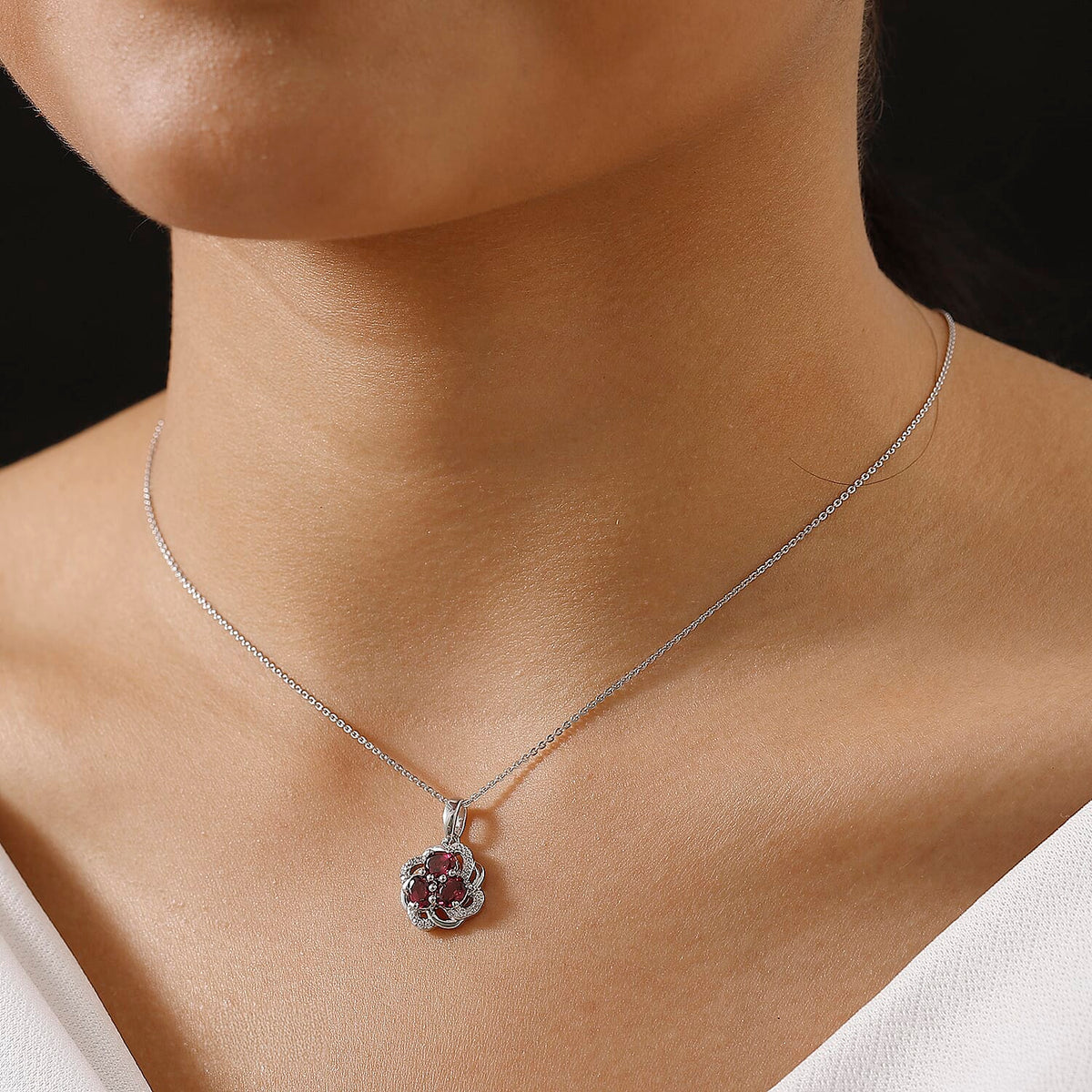 Orissa Natural Rhodolite Garnet &amp; White Zircon Pendant with Chain (Size - 20) in Rhodium Overlay Sterling Silver 1.88 Ct. 4339199 1