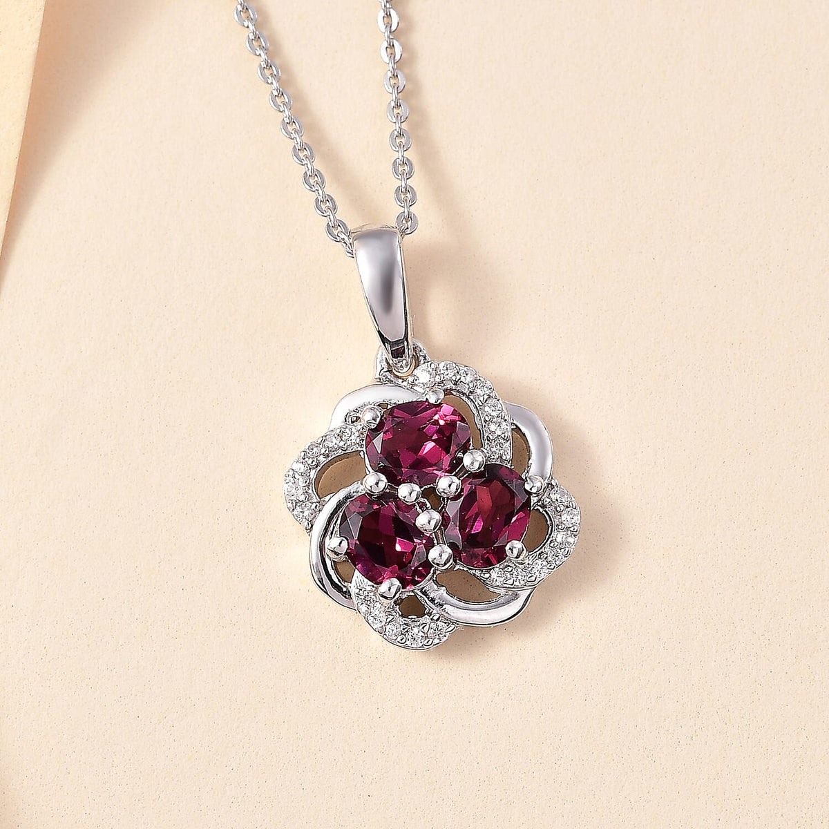 Orissa Natural Rhodolite Garnet &amp; White Zircon Pendant with Chain (Size - 20) in Rhodium Overlay Sterling Silver 1.88 Ct. 4339199 2