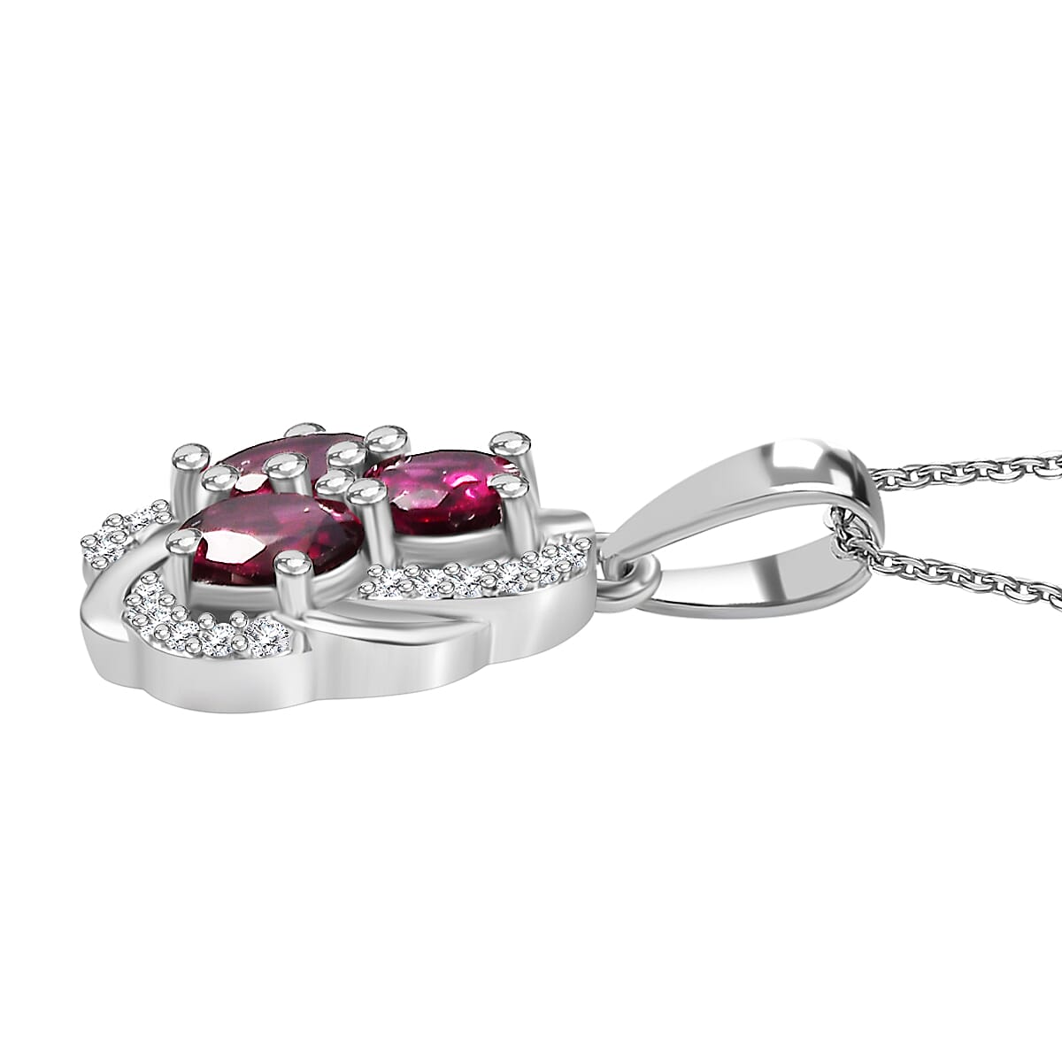 Orissa Natural Rhodolite Garnet &amp; White Zircon Pendant with Chain (Size - 20) in Rhodium Overlay Sterling Silver 1.88 Ct. 4339199 3