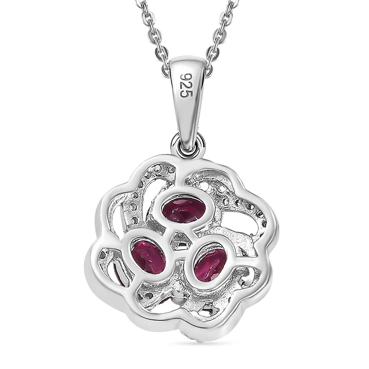 Orissa Natural Rhodolite Garnet &amp; White Zircon Pendant with Chain (Size - 20) in Rhodium Overlay Sterling Silver 1.88 Ct. 4339199 4